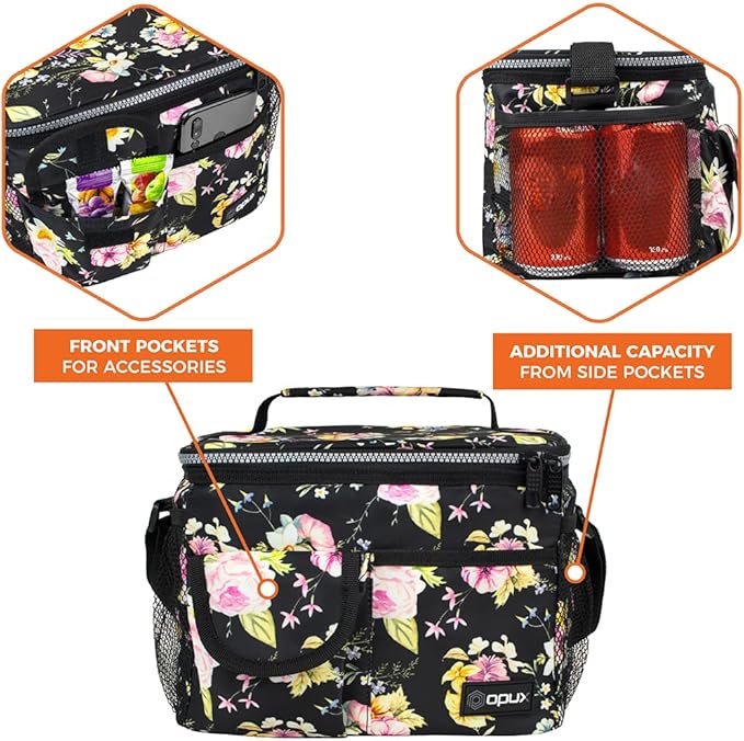 opux Insulated Lunch Box for Men Women Kids, Leakproof Reusable Lunch Bag Cooler for Work School Office, Soft Thermal Lunchbox Tote with Shoulder Strap for Boys Girls Adults, Floral Black, 14 Can/8L
