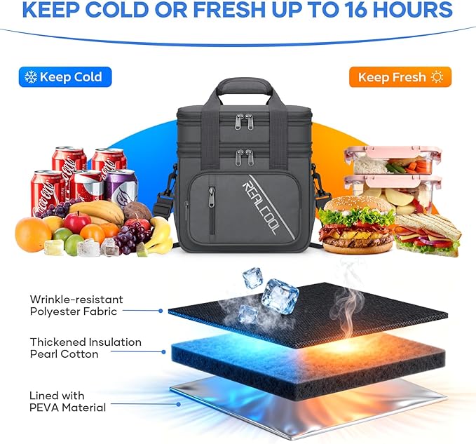 RealCool Lunch Bag, Insulated Lunch Box for Men Women, Double Deck Leakproof Soft Cooler Bag with Adjustable Strap, Reusable Lunchbox for Work, Travel, Camping (Grey)