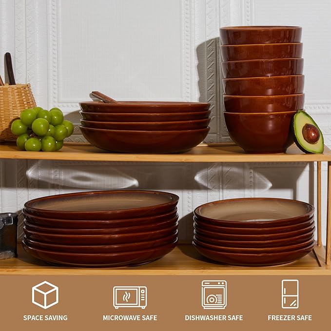Pokini 24 Piece Dinnerware Sets for 8, Modern Stoneware Plates and Bowls Sets, Perfect for Family Gatherings & Holiday Celebrations, Easy Cleaning Dish Set, Stack Compactly Dinner Set, Brown Yellow