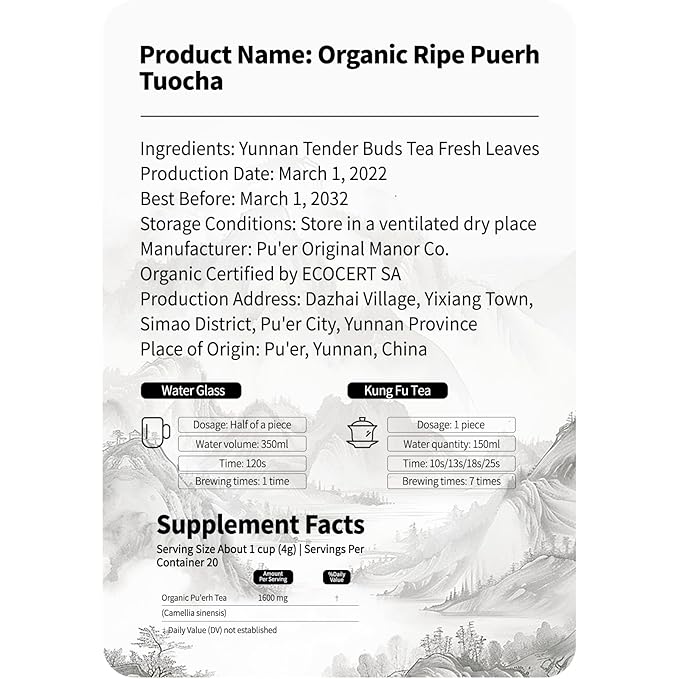 YUANSHENG Organic Mini Ripe Puerh Tuocha Grade AA, USDA Certified puerh Mini Tea Cakes, Aged Chinese Fermented tea Cake with Mellow and Smooth Flavor, Chinese puerh tea Cake Individually Wrapped, 5.6 Oz