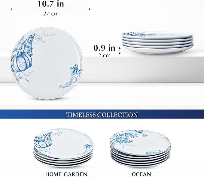 Minh Long 10.7 IN Porcelain Dinner Plates, Set of 6, Chip & Scratch Resistant, Oven Safe up to 482°F, Microwave & Dishwasher Safe, Ceramic Dinner Plates, Ideal size for Serving Steak or Main Course