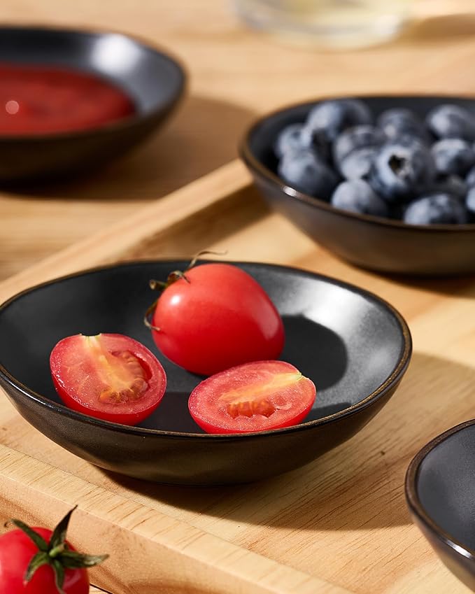 famiware Ocean Soy Sauce Dishes of 6, Oval Dipping Sauce Cups/Bowls for Kitchen, 2.1oz Ceramic Small Bowls for Side Dish, Appetizers, Snacks, and Sushi, Reactive Glaze, Dishwasher Safe, Matte Black