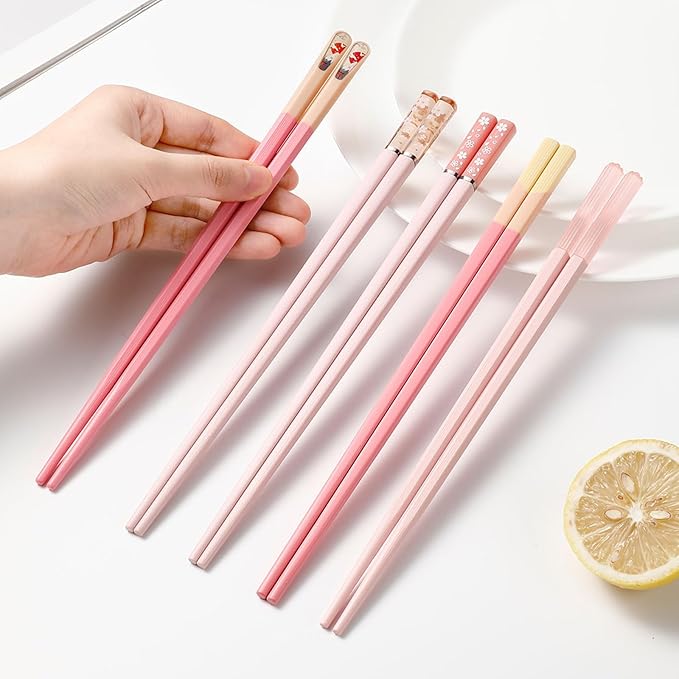 Chopsticks Reusable Dishwasher Safe, 9.57 inches Pink Non-slip Lightweight Fiberglass Chop Sticks, Asian Cuisine Japanese Chinese Chopstick Gift Set, 5 Pairs