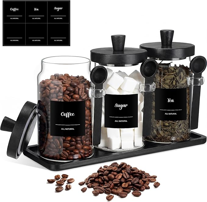 Suclain 3 Pcs Glass Coffee Container with Wooden Lid Spoon Shelf Labels Clear Airtight Jar Food Storage Canister Set for Sugar Spice Coffee Bean Holder Housewarming Gift(25 oz,Black Bamboo)