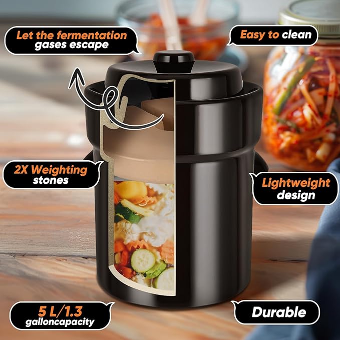 Fermentation Crock 5 Liter / 1.3 Gallon, Sauerkraut Crock with Lid, Weights & Pounder - Ceramic Fermenting Crock Kit for Pickling Cabbage Kimchi Pickle Vegetables- Sauerkraut Fermentation Crock.