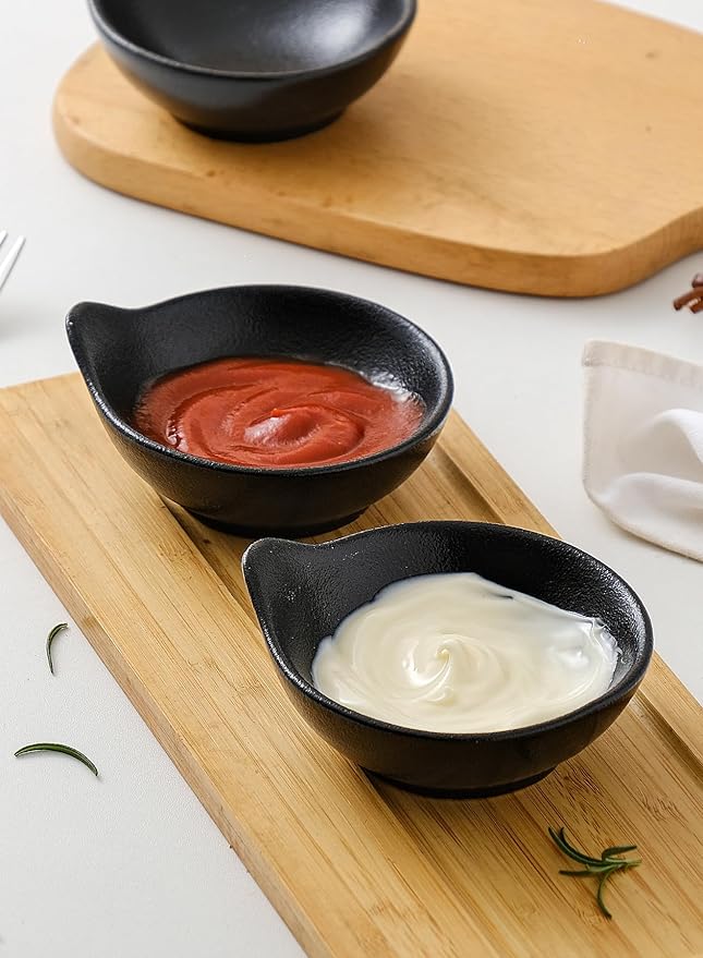 YJR Ceramic Side Dishes, Seasoning Dishes, Dipping Bowls - 4 Inch, for Ketchup Soy Sauce BBQ Party, Set of 6, Black