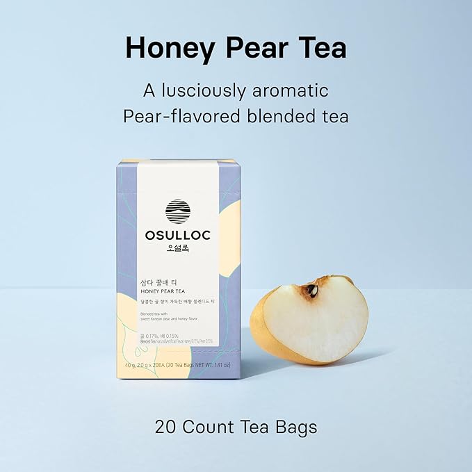 OSULLOC Honey Pear Tea (Sweet Pear & Honey Flavor), Iced tea bags Fruit tea Blend, Premium Teabags from Jeju Island, 20 count