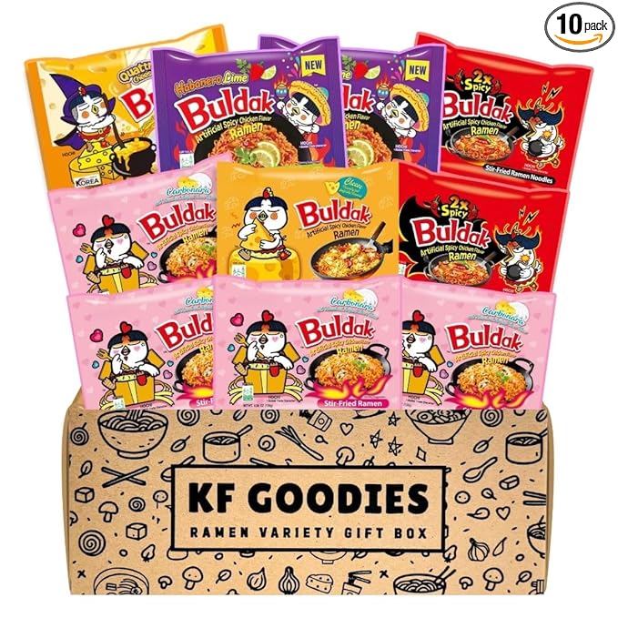 KF GOODIES Korean Ramen Variety Pack Gift Box (10 Count) – Spicy Buldak Noodle Assortment for Birthdays, College Care Packages, Office Snacks, and Gift Baskets