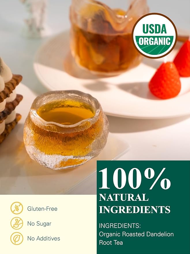 GLDNT Organic Roasted Dandelion Root Tea Bags, Roasted Aroma & Smooth Flavor, Caffeine Free, 100 Count
