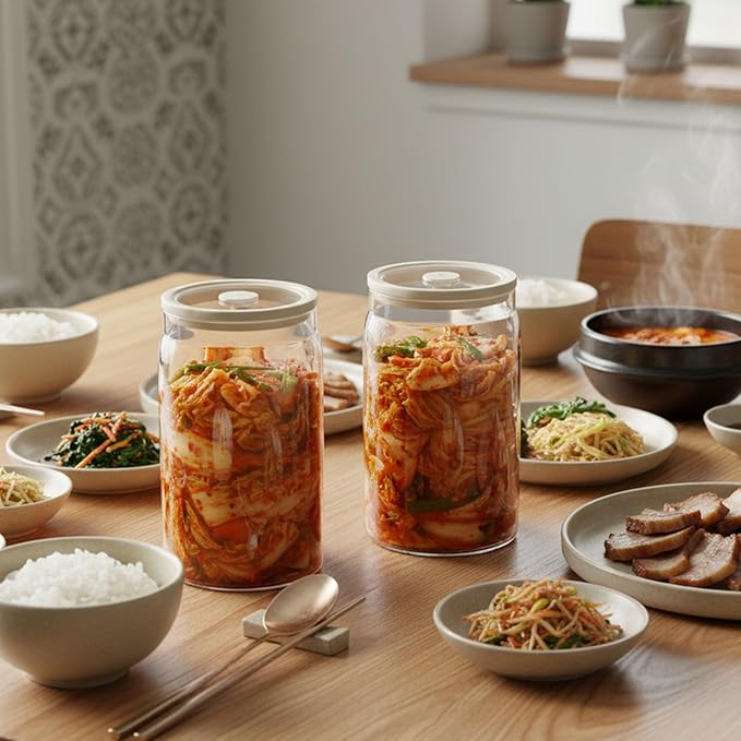 Pickle Jar, 2 Pack 1200ml/40.6 oz Kimchi Container, Airtight Clear Fermentation Canister, Wide Mouth Refrigerator Storage with Silicone Ring & Exhaust Valve for Radish, Onion, Sauerkraut