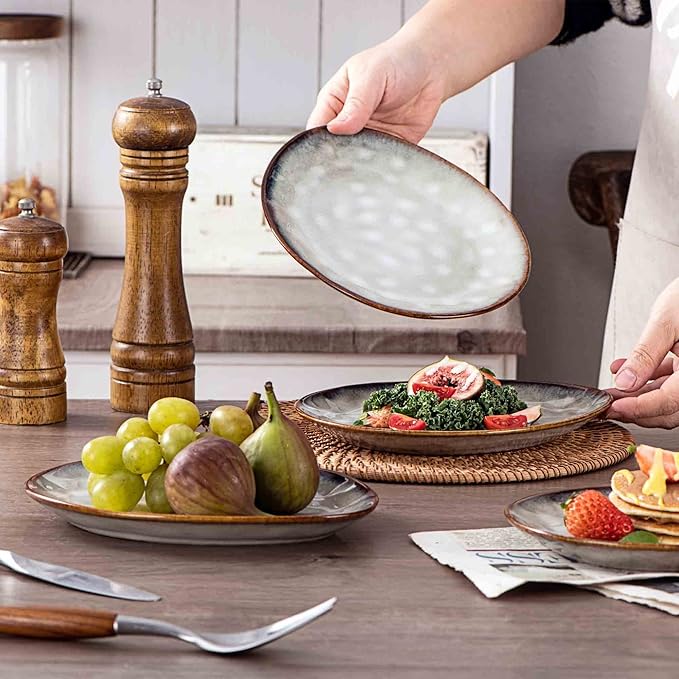 Henten Home Ceramic Appetizer Plate Set, 6.75 Inch Dessert Plates, Reactive Glaze Serving Plates for Snack, Sushi, Set of 4, Microwave & Dishwasher Safe (White)