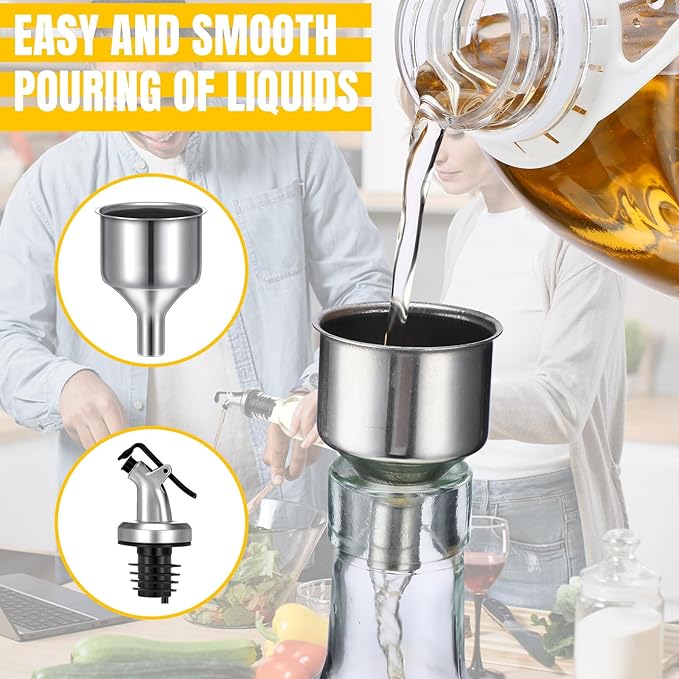 Hushee 15 Pcs Clear Glass Olive Oil Dispenser Bottles Sets Include 8oz Glass Bottle with Spout Oil Vinegar Cruet Container for Kitchen Stainless Steel Funnel Black Labels with White Pen(Silver)