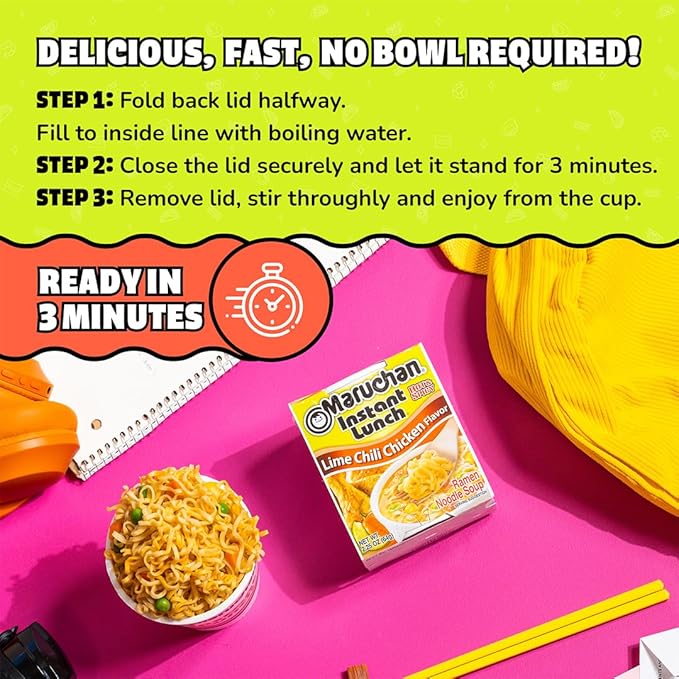 Maruchan Instant Lunch Ramen Noodles, Lime Chili Chicken Flavor – Japanese-Style Instant Noodle Soup, Easy Meal Ready in 3 Minutes – 2.25 Oz. (12 Pack)