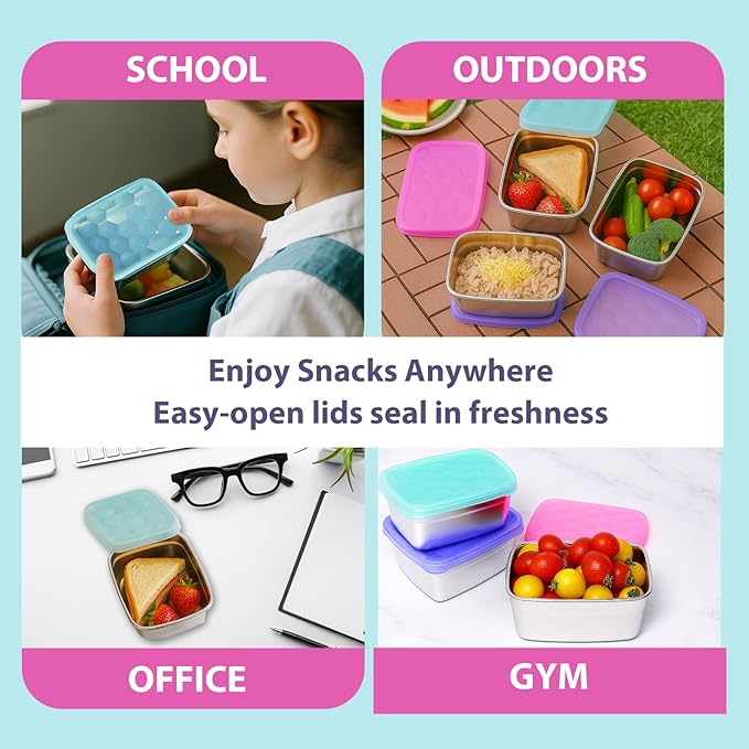 Tanjiae 3-Pack Stainless Steel Snack Containers for Kids & Toddlers - 550ml (18oz) Leakproof Reusable Food Containers with LFGB Certified Lids | Stackable Metal Lunch Box for Daycare, School, Travel