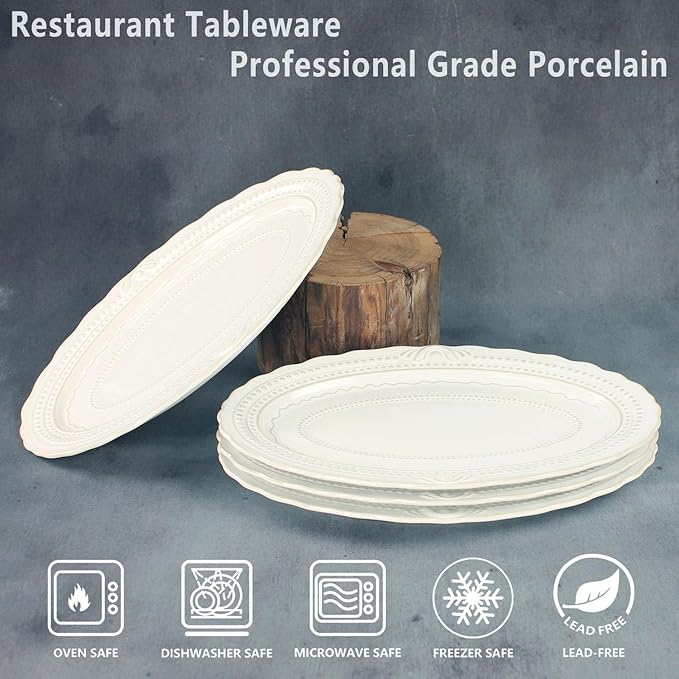 Ceramic dinner plate set (4 pieces), ceramic dinner plates, embossed salad plates, Kitchen Porcelain Serving Dishes, microwave/oven/dishwasher safe, scratch-resistant.