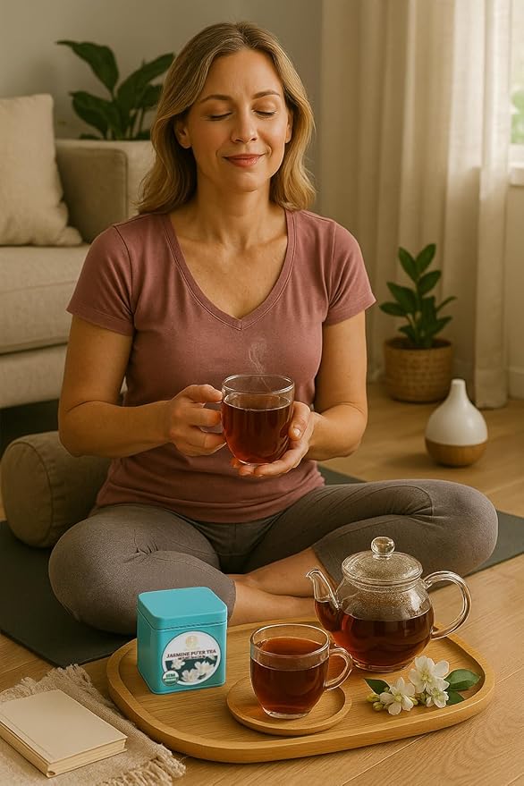 Essencesip Jasmine Puerh Tea - Black Ripe Pu Erh Loose Leaf Teas Scented with Jasmine Blossom - 5oz sampler in tin, Floral Aroma, Smooth Pu-erh Flavor, Low Astringency