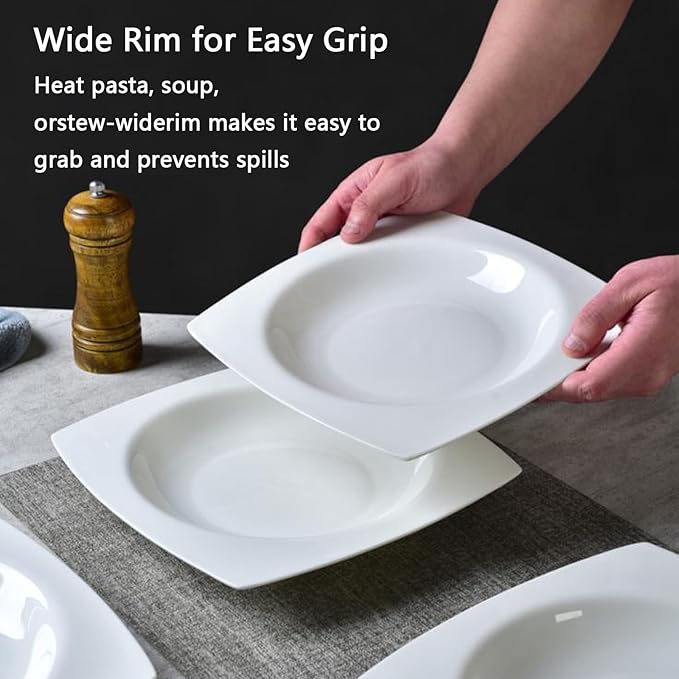 Fine Bone China Square Salad Plates Set of 6-9.25 Inch White Ceramic Stackable Dinner Plates, Oven & Dishwasher Safe for Formal/Casual Dining