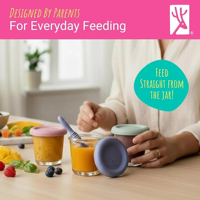 Elk and Friends 4oz Borosilicate Glass Baby Food Storage Jars with Silicone Lid | Strong Glass | Set of 12 | Microwave, Oven & Dishwasher Safe | Infant and Babies