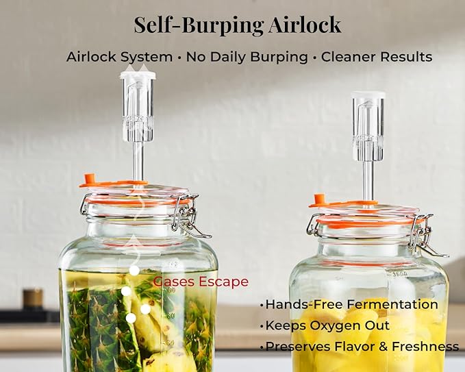 1 Gallon Fermentation Jar, Large Wide Mouth Glass Fermenting Jar with Airlocks for Making Sauerkraut, Kimchi, Pickles, Mead, Cider & More, Pack of 2