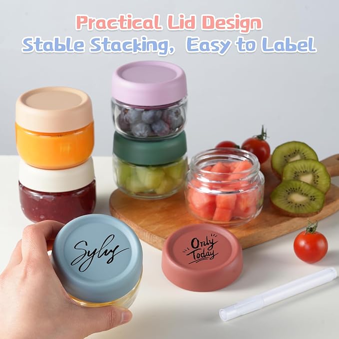 Glass Baby Food Storage Containers, Baby Food Jars, 8 Pack Small Glass Containers with Lids, 4 oz Leakproof Baby Food Storage Containers, BPA Free Microwave/Freezer/Dishwasher Safe, Kids Spoon Fork