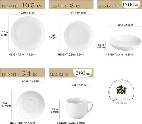 MALACASA 30-Piece Gourmet Porcelain Dinnerware Sets, Modern White Round Dish Set for 6 - Premium Serving Plates and Bowls Sets for Dessert, Salad, Soup, Pasta - Series AMELIA