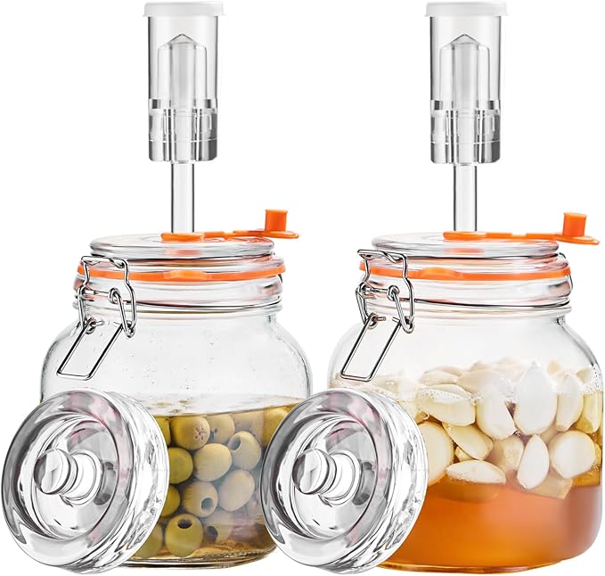1L Fermentation Jar Kit (2 Pack) with Airlock & Glass Weight, Wide Mouth Fermenting Jar for Sauerkraut, Kimchi & Pickles, No Burping Required
