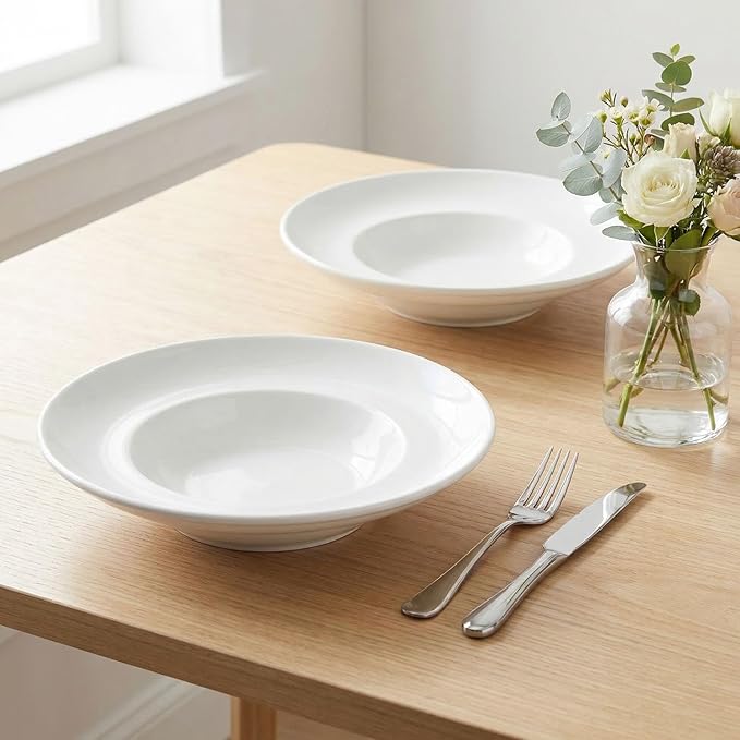 Pasta Plates with Rim 6.8 oz, Soup Bowl Pasta Bowl Set of 4, White Shallow Bowl Plate, Ceramic Wide Rimmed Soup Bowl, Best choice for high-end restaurants, hotels, and foodies, 9.2 Inch