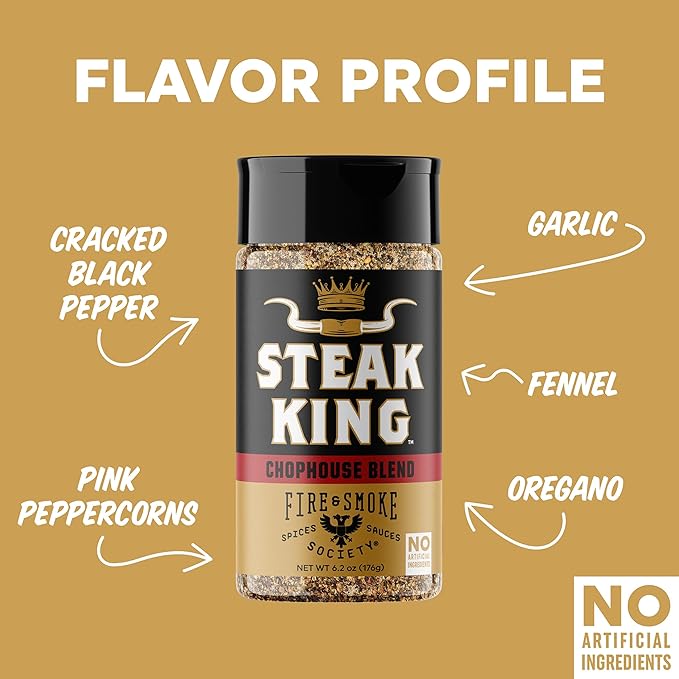 Fire & Smoke Society Steak King Steak Seasoning | BBQ Rubs for Smoking and Grilling Meat | Filet Mignon, Ribeye, Beef, Lamb and Burgers | BBQ Rubs and Spices | Black pepper, Fennel, Oregano, Pink Peppercorns | 6.2 oz