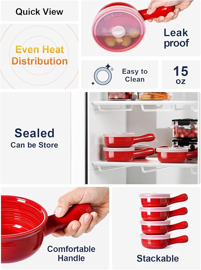 LE TAUCI Soup Bowls with Silicone Lids and Handles, 15 Oz French Onion Soup Bowls, Non-Toxic Ceramic Soup Crocks for Noodles, Stew, Cereal and Chilli, Oven Microwave Dishwasher Safe, Set of 2, Red