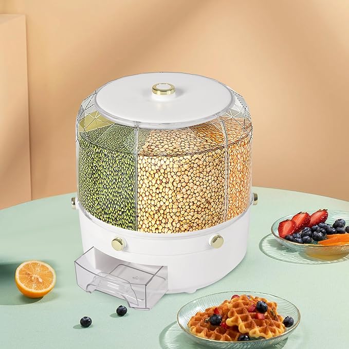 Grain and Rice Dispenser with 6 Compartments, Rotating Grain Storage Bin 6 Grids Rice Container, Kitchen Dry Food Storage Container or Pet Food Sealed Organizer