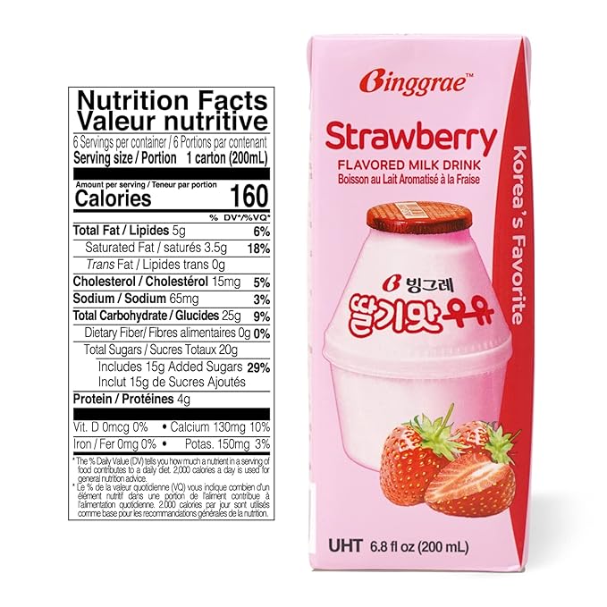 Binggrae Strawberry Flavored Milk Drink – Korean Sweet and Creamy Beverage – Shelf-Stable 6.8 fl oz Cartons – Pack of 24