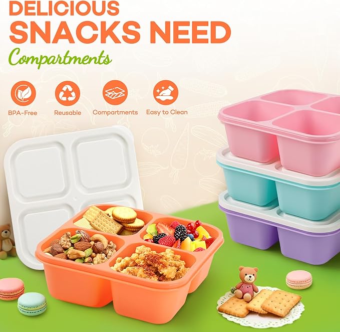 Bento Box Adult Lunch Box- 4 Pack,4 Compartment Snack Containers Reusable Meal Prep Stackable BPA-Free Lunch Containers for Home, Work, Travel (4 Color)