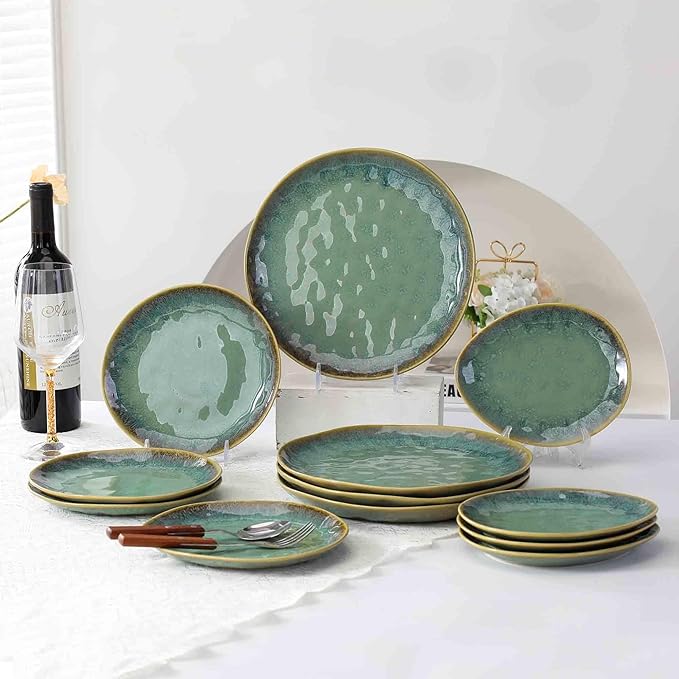 Henten Home Ceramic Appetizer Plate Set, 6.75 Inch Dessert Plates, Reactive Glaze Serving Plates for Snack, Sushi, Set of 4, Microwave & Dishwasher Safe (Green)