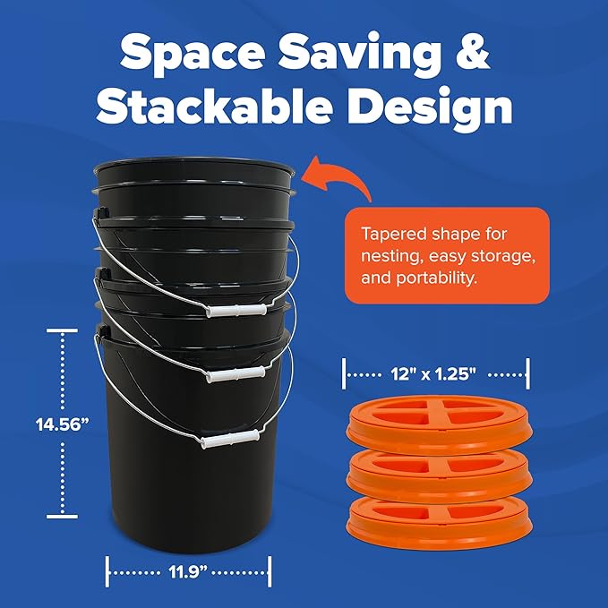 ePackageSupply 5 Gallon Bucket - Food Grade Bucket with Airtight Gamma Seal Screw-On Lid, BPA-Free, Heavy-Duty 90 Mil HDPE Plastic, Bulk Storage, Durable Container, Made in USA, Black/Orange, 3 Packs
