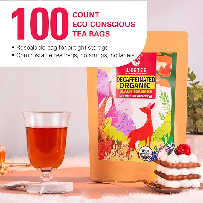 WT WEETEE Organic Decaf Black Tea Bags, Organic Decaffeinated Black Tea 200 Count | Smooth & Mild Taste | CO2-Decaffeinated | Resealable Kraft Bag