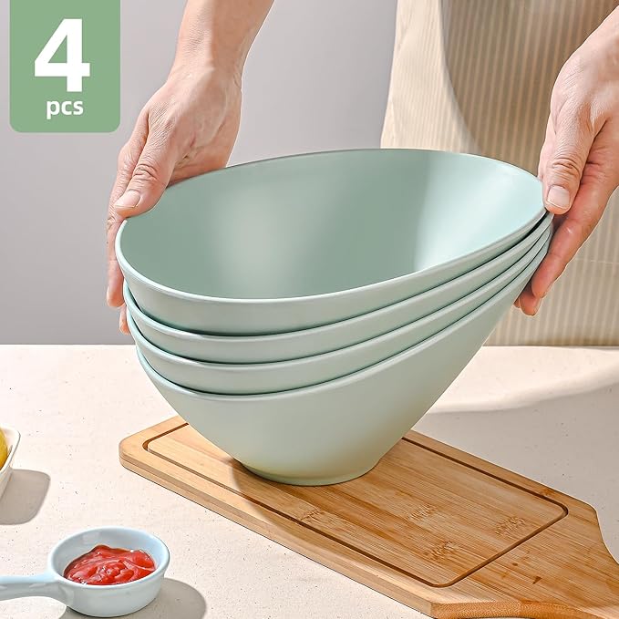 LOVYANXUE Bamboo Fiber Salad Bowls, 4 Packs Serving Bowls Blue Green, Compostable 33 Ounce Elegant Angled Bowls for Salad, Pasta, Soup, Prep, Ideal for Home and Restaurant
