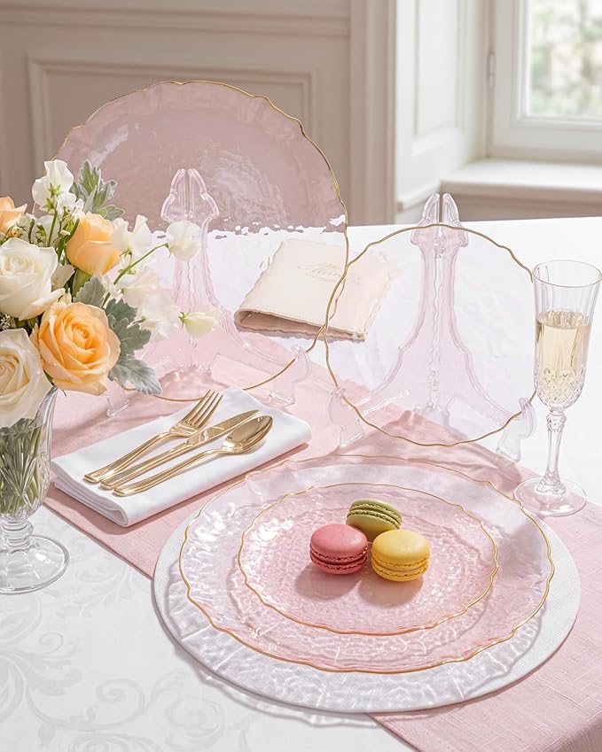 bUCLA 40PCS Clear Pink and Gold Plastic Plates - Fancy Pink Hammered with Gold Lace-Edge Disposable Plates - Include 20 Each (10inch Dinner & 7inch Dessert) Plates for Party, Birthday & Wedding