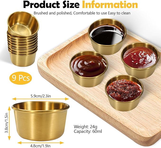 Huakaile 9 Pcs 2 oz Stainless Steel Dipping Sauce Cup, Mini Dip Bowls, Reusable Metal Condiment Cups Ramekins Containers for Ketchup Dressing Home Party Restaurant Kitchen (9PCS Gold)