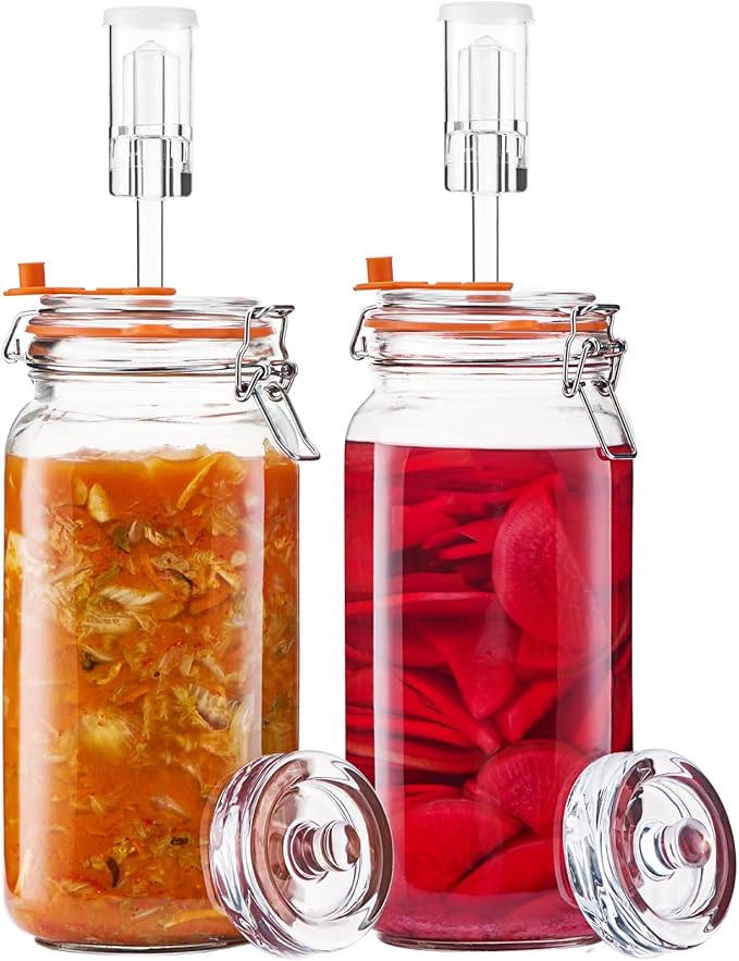 2L Wide Mouth Fermentation Jars, Pack of 2 Complete Fermenting Kit with Airlocks & Glass Weights for Sauerkraut, Kimchi & Pickles