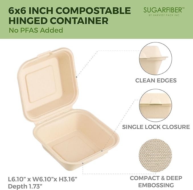 [50 COUNT]Harvest Pack 6 X 6" Compostable Clamshell Take Out Food Containers, PFAS FREE Square To go Containers with Lids, Heavy-Duty Disposable Bagasse Bento Cake Box, Eco-Friendly Sugarcane Fibers