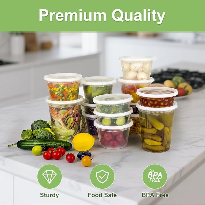 Dipoo 60 Sets (120-Piece) Deli Containers with Lids 8 oz, Leak-Proof & BPA Free Airtight Takeout Plastic Food Storage Containers for Soup, Freezer/Microwave/Dishwasher Safe