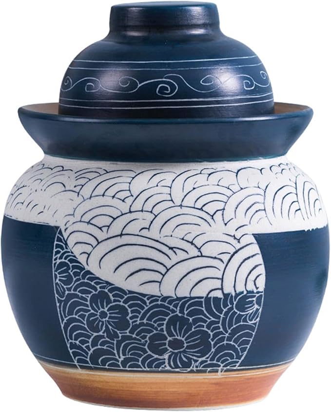 Traditional Chinese Porcelain Pickle Jar, Ceramic Fermenting Jar with Water Seal Airlock Lid, Turnip Kimchi Sauerkraut Fermentation Crock Pickling Pot(5kg, Blue)