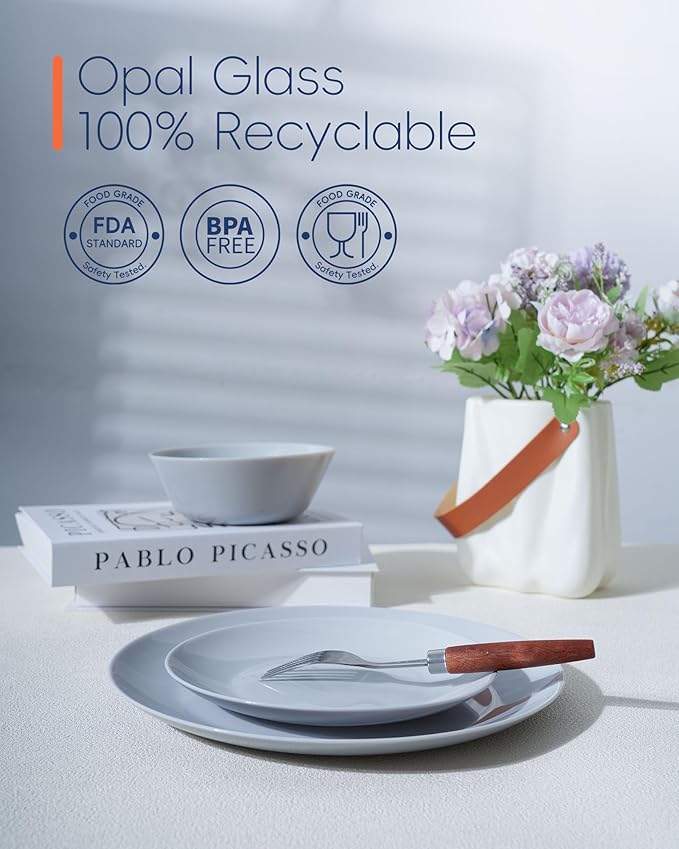 LaGlint 10.5 inch Dinner Plate Set of 6, Lightweight Round Opal Glass Grey Dinnerware Plates, Dishwasher and Microwave Safe