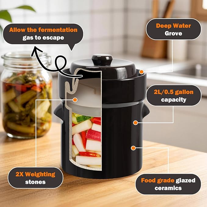 Seeutek Fermentation Crock Jar 1/2 Gallon - Sauerkraut Crock with Lid, Weights & Pounder, Stoneware Pickle Pot for Pickling Kimchi, Pickles, Vegetables, Kombucha, 2 Liter Ceramic Fermenting Crock Kit