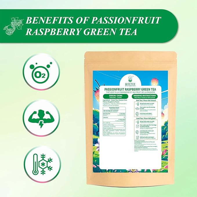 WT WEETEE Passionfruit Raspberry Green Tea, 100 Count Passion Fruit Raspberry Flavored Green Teabags, No Bitter Green Tea Bags, No Add Sweeter