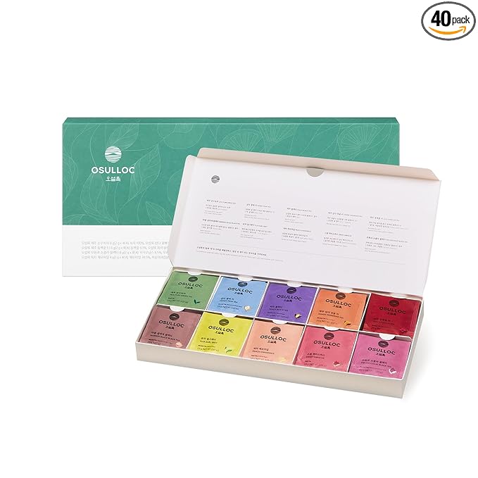 OSULLOC Premium Tea Collection (40 count, 10 flavors x 4 ea), Mothers Day Gifts, Self Care Sampler Gift Box Variety Pack, Premium Organic Pure & Blended Tea from Jeju