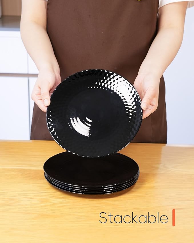 LaGlint 8.5 inch Salad Plate Set of 6, Opal Glass Round Geometric Faceted Small Black Plates for Dessert, Kitchen, Dishwasher and Microwave Safe