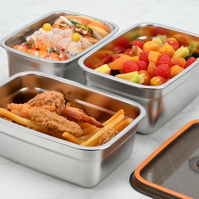 3 Pack Food Storage Containers with Lids, Stainless Steel Fridge Storage Containers Airtight Leak-Proof Metal Storage Containers for Food Leftover Storage at Home or for Camping Trip Road Trip (3 Pcs)