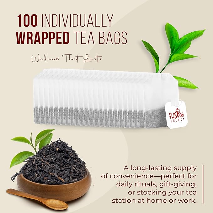 Fusion Select 100% Organic Pu'erh Tea - Natural Chinese Herbal Tea for Calmness, Relaxation, Wellness - Rich in Vitamins & Antioxidants - No Calories, Sugar, Fat - 100 Individually Wrapped Tea Bags