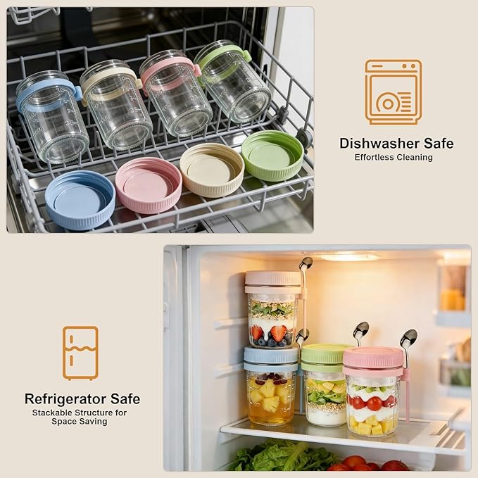 Overnight Oats Containers with Lids and Spoon - 6 Pack 16 oz Glass Mason Jars with Separate Compartments Leakproof Airtight Chia Pudding Salad Yogurt Parfait Cups for Oatmeal Cereal Meal Prep